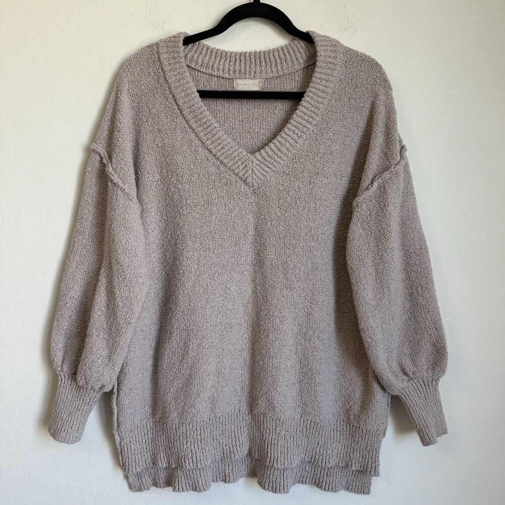 Altard State Beige Oversized V Neck Inside Out Hem Boucle Knit Pullover Sweater